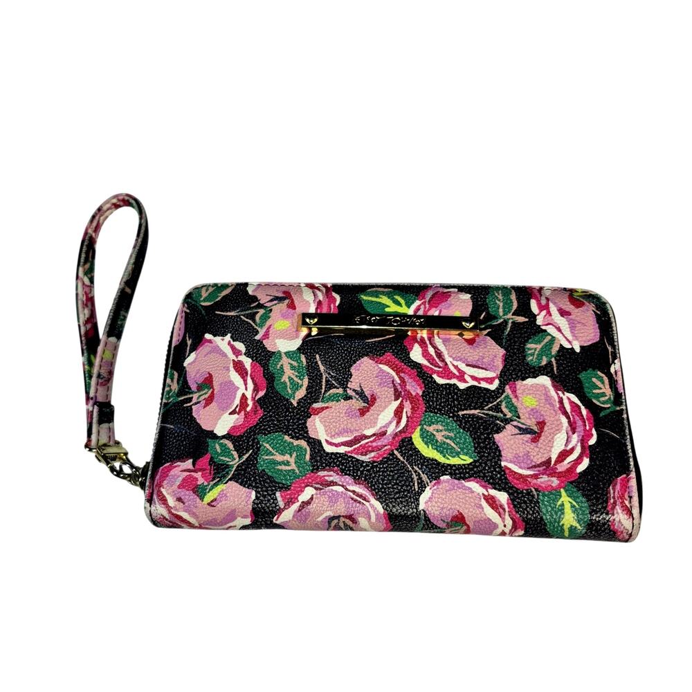 Betsey Johnson Zip Around Floral Wristlet Wallet Expandable Clutch Black/ Pink